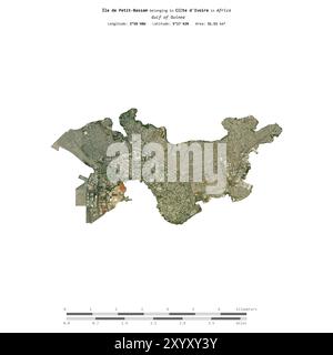 Ile de petit-Bassam dans le golfe de Guinée, appartenant à la Côte d'Ivoire, isolée sur une image satellite prise le 15 décembre 2023, avec échelle de distance Banque D'Images