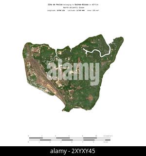 Ilha de Pecixe dans l'océan Atlantique Nord, appartenant à la Guinée-Bissau, isolée sur une image satellite prise le 4 janvier 2024, avec échelle de distance Banque D'Images