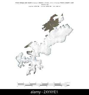 Prince George Land Island dans la mer de Barents, appartenant à la Russie, isolé sur une image satellite prise le 18 mars 2013, avec échelle de distance Banque D'Images