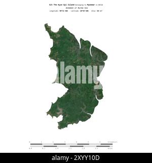 Asseyez-vous l'île Kyun Gyi dans la mer d'Andaman ou de Birmanie, appartenant au Myanmar, isolé sur une image satellite prise le 30 décembre 2023, avec distance sca Banque D'Images