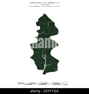 Île Sundarbans dans le golfe du Bengale, appartenant au Bangladesh, isolée sur une image satellite prise le 6 janvier 2021, avec échelle de distance Banque D'Images