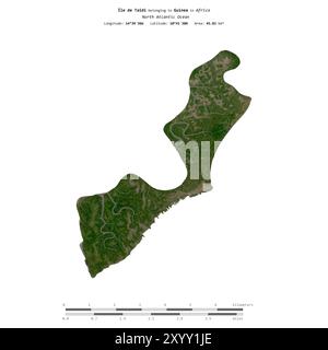 Ile de Taidi dans l'océan Atlantique Nord, appartenant à la Guinée, isolée sur une image satellite prise le 25 décembre 2023, avec échelle de distance Banque D'Images