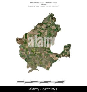 Île Tasinge dans le Kattegat, appartenant au Danemark, isolée sur une image satellite prise le 6 septembre 2023, avec échelle de distance Banque D'Images