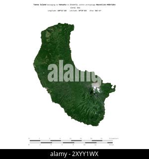 Île de Tanna dans la mer de Corail, appartenant à Vanuatu, isolée sur une image satellite prise le 20 juillet 2018, avec échelle de distance Banque D'Images