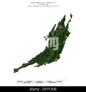 Île Tra Ban en mer de Chine méridionale, appartenant au Vietnam, isolée sur une image satellite prise le 30 janvier 2023, avec échelle de distance Banque D'Images