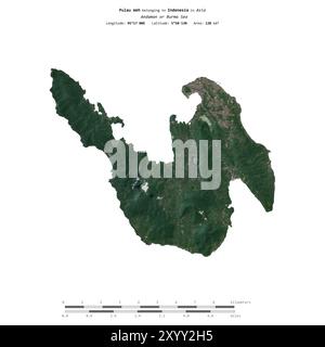 Pulau Weh dans la mer d'Andaman ou de Birmanie, appartenant à l'Indonésie, isolé sur une image satellite prise le 12 mars 2024, avec échelle de distance Banque D'Images