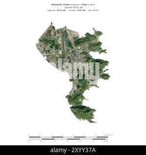 Île de Zhujiajian dans la mer de Chine orientale, appartenant à la Chine, isolée sur une image satellite prise le 21 novembre 2023, avec échelle de distance Banque D'Images