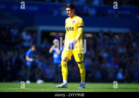 Le gardien de but de Bournemouth Kepa Arrizabalaga avant le coup d'envoi du match de premier League à Goodison Park, Liverpool. Date de la photo : samedi 31 août 2024. Banque D'Images