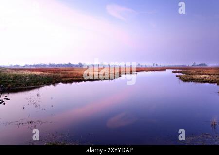 Ciel coloré rose au-dessus du lac pendant le coucher du soleil Banque D'Images