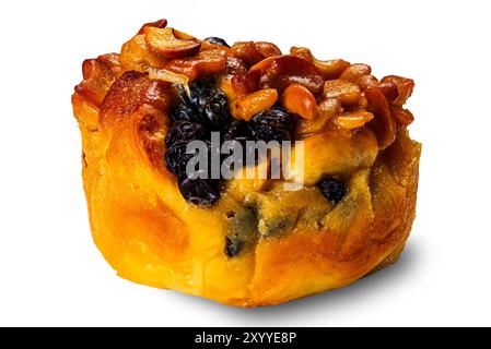 Pain au beurre au chocolat garni de raisins secs et de noix. Vue rapprochée d'un délicieux pain au beurre au chocolat fait maison garni de raisins secs et de noix isolé o Banque D'Images