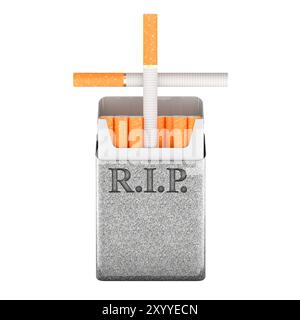 Paquet de cigarettes comme croix et pierre tombale. Dangers du tabagisme, concept. Rendu 3D isolé sur fond blanc Banque D'Images