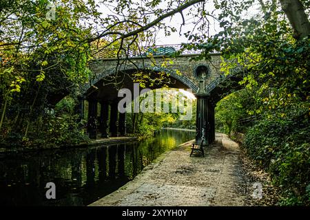 Un moment de calme le long du Regent's canal, sous un pont de briques historique entouré d'une végétation luxuriante et d'eaux calmes - l'évasion paisible parfaite à Londres. Banque D'Images