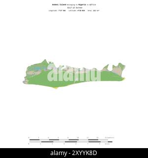 Île d'Andoni dans le golfe de Guinée, appartenant au Nigeria, isolée sur une carte topographique de style standard OSM, avec échelle de distance Banque D'Images