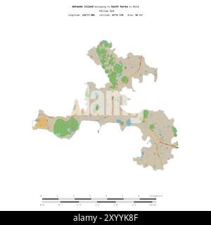 Île Amtaedo dans la mer jaune, appartenant à la Corée du Sud, isolée sur une carte topographique de style standard OSM, avec échelle de distance Banque D'Images