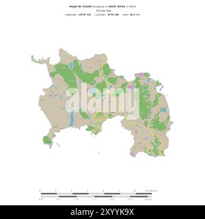 Île Anjwa-do dans la mer jaune, appartenant à la Corée du Sud, isolée sur une carte topographique de style standard OSM, avec échelle de distance Banque D'Images