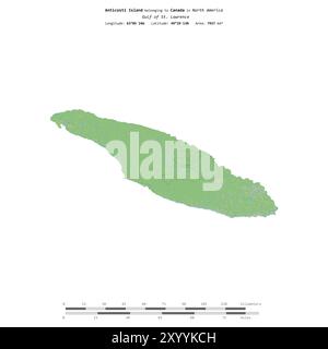 Île d'Anticosti dans le golfe du Saint-Laurent, appartenant au Canada, isolée sur une carte topographique de style standard OSM, avec échelle de distance Banque D'Images