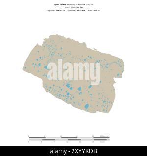 Île d'Ayon dans la mer de Sibérie orientale, appartenant à la Russie, isolée sur une carte topographique de style standard OSM, avec échelle de distance Banque D'Images