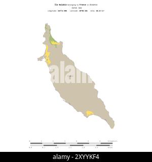 Ile Balabio dans la mer de Corail, appartenant à la France, isolé sur une carte topographique de style standard OSM, avec échelle de distance Banque D'Images
