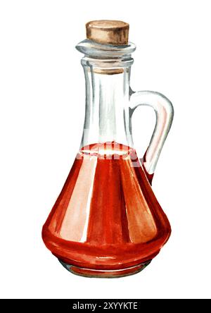 Pot en verre avec vinaigre de raisin rouge. Illustration d'aquarelle dessinée à la main isolée sur fond blanc Banque D'Images