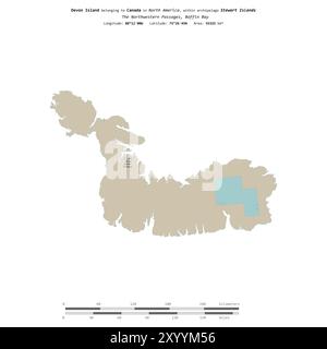 Île Devon dans la baie de Baffin, appartenant au Canada, isolée sur une carte topographique de style OSM standard, avec échelle de distance Banque D'Images