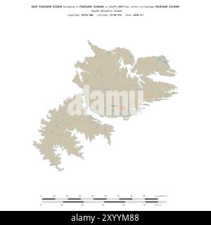 East Falkland Island dans l'océan Atlantique Sud, appartenant aux îles Falkland, isolé sur une carte topographique de style OSM standard, avec scal de distance Banque D'Images