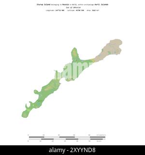 Île d'Iturup dans la mer d'Okhotsk, appartenant à la Russie, isolée sur une carte topographique de style standard OSM, avec échelle de distance Banque D'Images