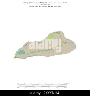 Île de Jomalig dans la mer des Philippines, appartenant aux Philippines, isolée sur une carte topographique de style standard OSM, avec échelle de distance Banque D'Images