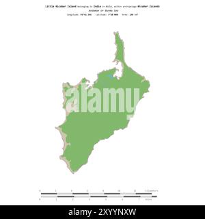 Petite île Nicobar dans la mer d'Andaman ou de Birmanie, appartenant à l'Inde, isolée sur une carte topographique de style OSM standard, avec échelle de distance Banque D'Images