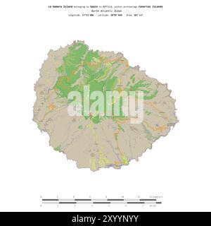 Île de la Gomera dans l'océan Atlantique Nord, appartenant à l'Espagne, isolée sur une carte topographique de style standard OSM, avec échelle de distance Banque D'Images