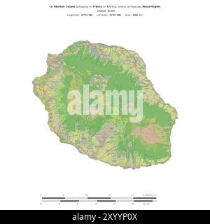 Île de la Réunion dans l'Océan Indien, appartenant à la France, isolée sur une carte topographique de style standard OSM, avec échelle de distance Banque D'Images