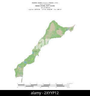 Île de Kunashir dans la mer d'Okhotsk, appartenant à la Russie, isolée sur une carte topographique de style standard OSM, avec échelle de distance Banque D'Images