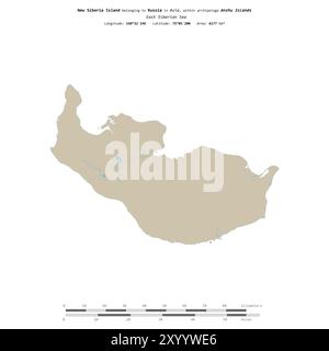 Nouvelle île de Sibérie dans la mer de Sibérie orientale, appartenant à la Russie, isolée sur une carte topographique de style OSM standard, avec échelle de distance Banque D'Images