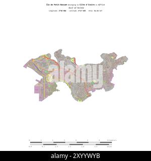 Ile de petit-Bassam dans le golfe de Guinée, appartenant à la Côte d'Ivoire, isolée sur une carte topographique de style standard OSM, avec échelle de distance Banque D'Images