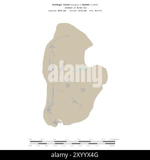 Pyinbugyi Island dans la mer d'Andaman ou de Birmanie, appartenant au Myanmar, isolé sur une carte topographique de style OSM standard, avec échelle de distance Banque D'Images