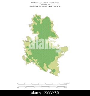 Isla Popa dans la mer des Caraïbes, appartenant au Panama, isolé sur une carte topographique de style standard OSM, avec échelle de distance Banque D'Images