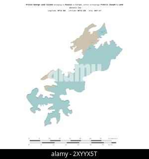 Prince George Land Island dans la mer de Barents, appartenant à la Russie, isolé sur une carte topographique de style standard OSM, avec échelle de distance Banque D'Images