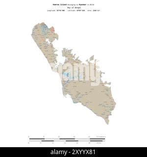 Île de Ramree dans la baie du Bengale, appartenant au Myanmar, isolée sur une carte topographique de style OSM standard, avec échelle de distance Banque D'Images