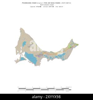 Île de Providenciales dans l'océan Atlantique Nord, appartenant aux îles Turques et Caïques, isolée sur une carte topographique de style OSM standard, avec dist Banque D'Images