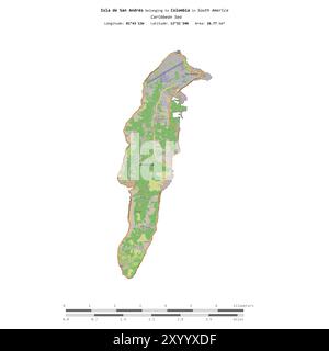 Isla de San Andres dans la mer des Caraïbes, appartenant à la Colombie, isolé sur une carte topographique de style standard OSM, avec échelle de distance Banque D'Images