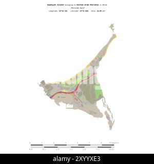 Île de Saadiyat dans le golfe Persique, appartenant aux Émirats Arabes Unis, isolée sur une carte topographique de style OSM standard, avec échelle de distance Banque D'Images