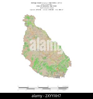 Île Santiago dans l'océan Atlantique Nord, appartenant au Cap-Vert, isolée sur une carte topographique de style OSM standard, avec échelle de distance Banque D'Images
