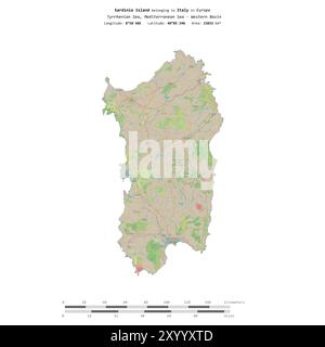 Île Sardaigne dans la mer Tyrrhénienne, appartenant à l'Italie, isolée sur une carte topographique de style standard OSM, avec échelle de distance Banque D'Images