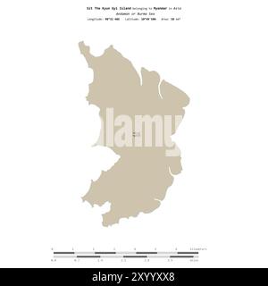 Asseyez-vous sur l'île Kyun Gyi dans la mer d'Andaman ou de Birmanie, appartenant au Myanmar, isolé sur une carte topographique de style OSM standard, avec échelle de distance Banque D'Images
