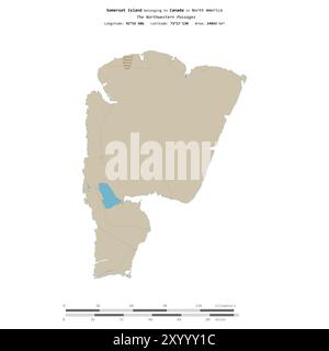 Île Somerset dans les passages du Nord-Ouest, appartenant au Canada, isolée sur une carte topographique de style OSM standard, avec échelle de distance Banque D'Images
