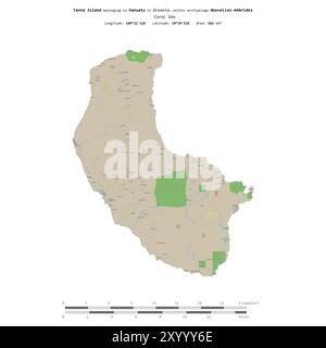 Île de Tanna dans la mer de Corail, appartenant au Vanuatu, isolée sur une carte topographique de style OSM standard, avec échelle de distance Banque D'Images