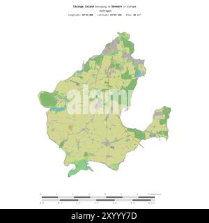 Tasinge Island dans le Kattegat, appartenant au Danemark, isolé sur une carte topographique de style OSM standard, avec échelle de distance Banque D'Images