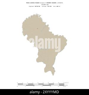 Île de Vella Lavella dans la mer des Salomon, appartenant aux îles Salomon, isolée sur une carte topographique de style standard OSM, avec échelle de distance Banque D'Images