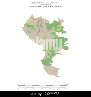 Île de Zhujiajian dans la mer de Chine orientale, appartenant à la Chine, isolée sur une carte topographique de style standard OSM, avec échelle de distance Banque D'Images