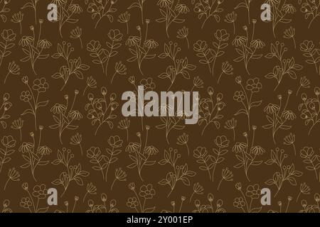 Un motif sans couture avec des contours abstraits de fleurs et de feuilles en beige sur un fond marron. Illustration de Vecteur