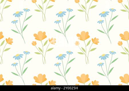 Motif répétitif représentant des fleurs stylisées orange et bleu avec des feuilles vertes sur fond blanc. Illustration de Vecteur